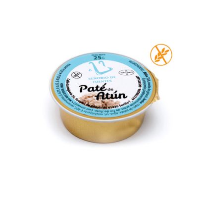 Tarrina monodosis de paté de atún en formato individual de 25 gr, pensado para acompañar comidas ligeras. Caja de 30 estuches.