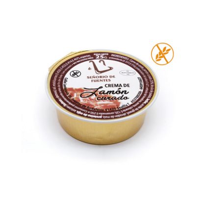 Monodosis de paté de jamón curado con imagen del producto en primer plano, 25 gr. Ideal para servicio rápido en hostelería. Caja de 30 monodosis.