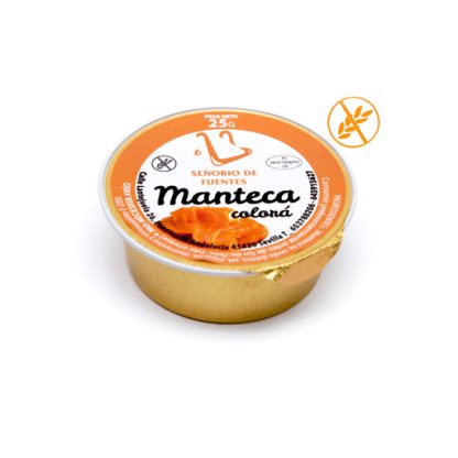 Tarrina Monodosis de manteca colorá, textura y color característicos. Porciones de 25 gr, caja de 30 monodosis.