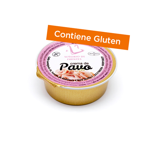 Envase de crema de pavo en monodosis de 25 gr, diseñado para desayunos y meriendas con presentación profesional. Caja de 30 unidades.
