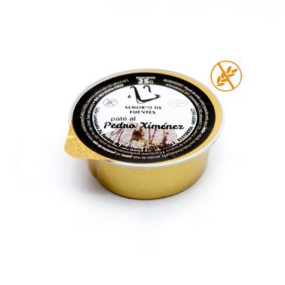 Envase monodosis de paté al Pedro Ximénez, textura cremosa y sabor único. 25 gr por unidad, caja de 30 monodosis.