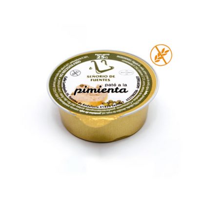 Tarrina monodosis individual de paté a la pimienta, 25 gr, con un toque especiado gourmet ideal para untar. Caja de 30 unidades.