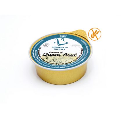 Tarrina monodosis individual de queso azul, 25 gr, resaltando su sabor intenso en un formato ideal para servir porciones. Caja de 30 monodosis.