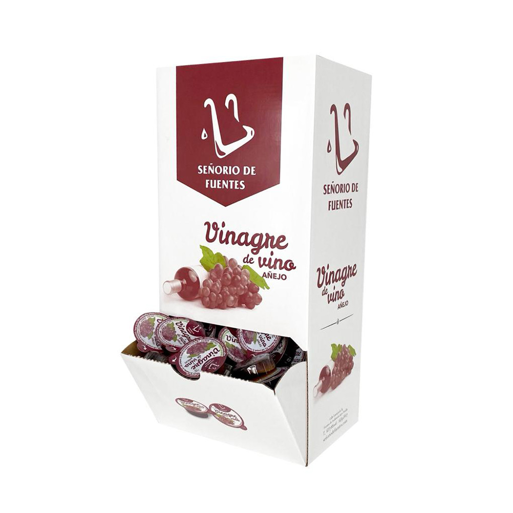 Caja Expositor de 160 Monodosis de Vinagre de Vino Añejo. Formato hostelería. Ideal para raciones individuales.