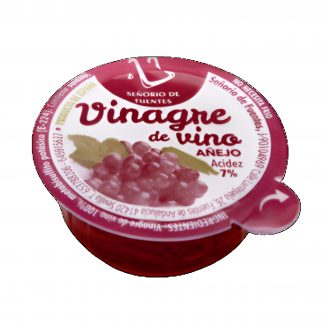 Porción Monodosis individual de vinagre de vino añejo 7% en monodosis de 10 ml, ideal para raciones individuales. Caja de 400 unidades