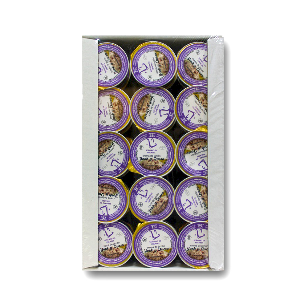Crema de York con queso en monodosis de 25 gr, opción cremosa y versátil. Caja de 30 estuches.