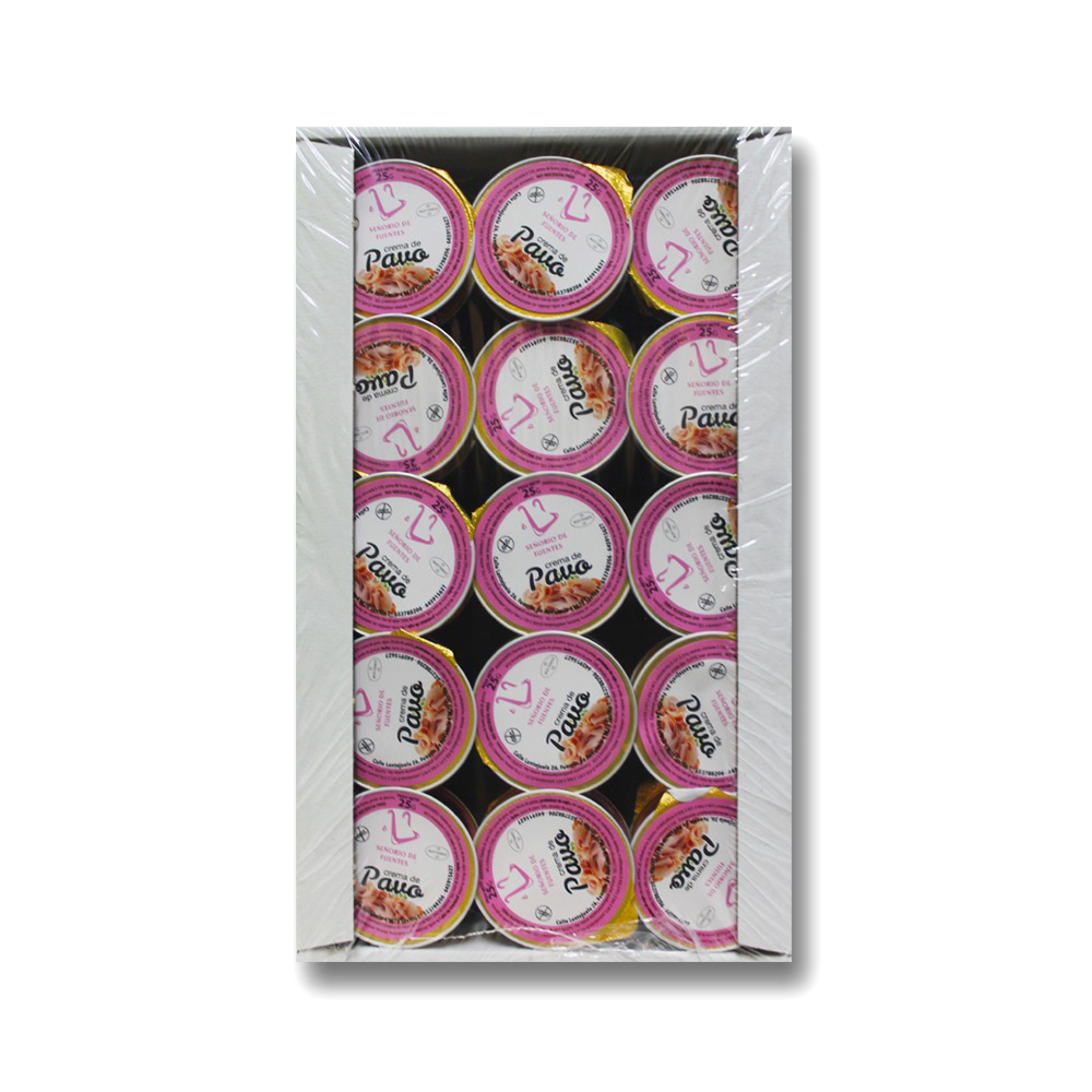 Monodosis de crema de pavo, 25 gr, ideales para desayunos y meriendas con calidad. Caja de 30 unidades. Contiene Gluten